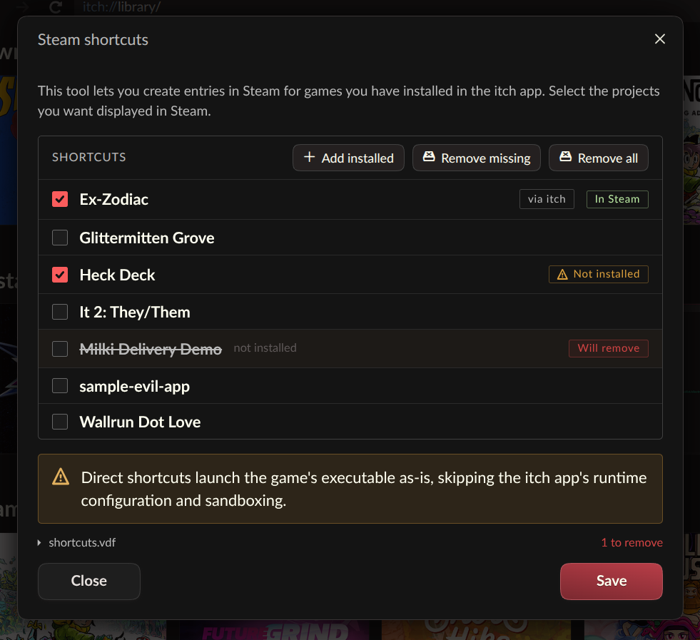screenshot of the Steam shortcuts dialog