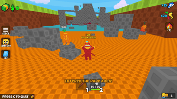 Gameplay von Steal a Brainrot, das zeigt, wie der Spieler den orangen Seltenen Bereich betritt, der mit grauen Plattformen und anderen Charakteren gefüllt ist.